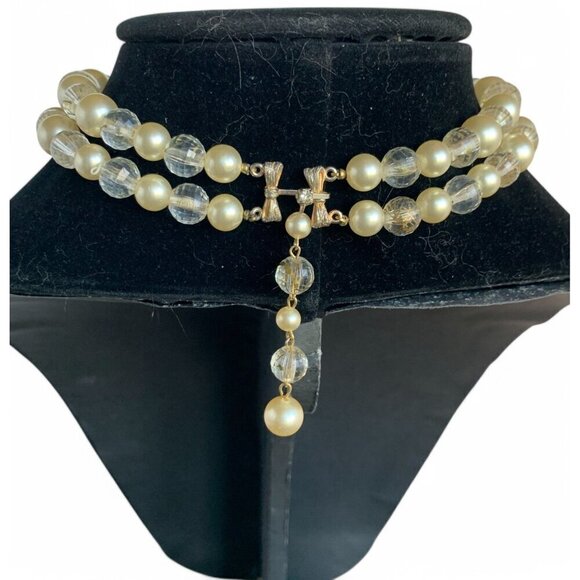 Vintage Marvella 1950's Double-Strand Faux Pearl Crystal Bead Necklace Bow Clasp - Picture 2 of 5